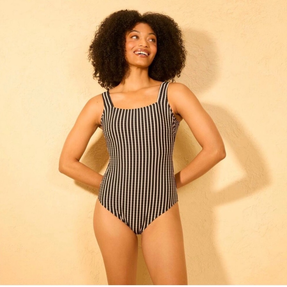 Shade & Shore Black and White Striped Swimwear NWT Medium